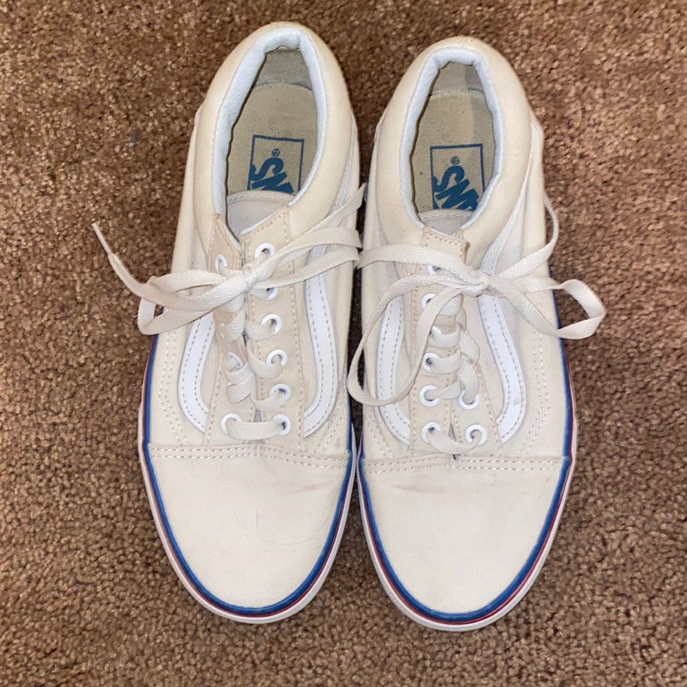White Vans with blue yellow and red stripe